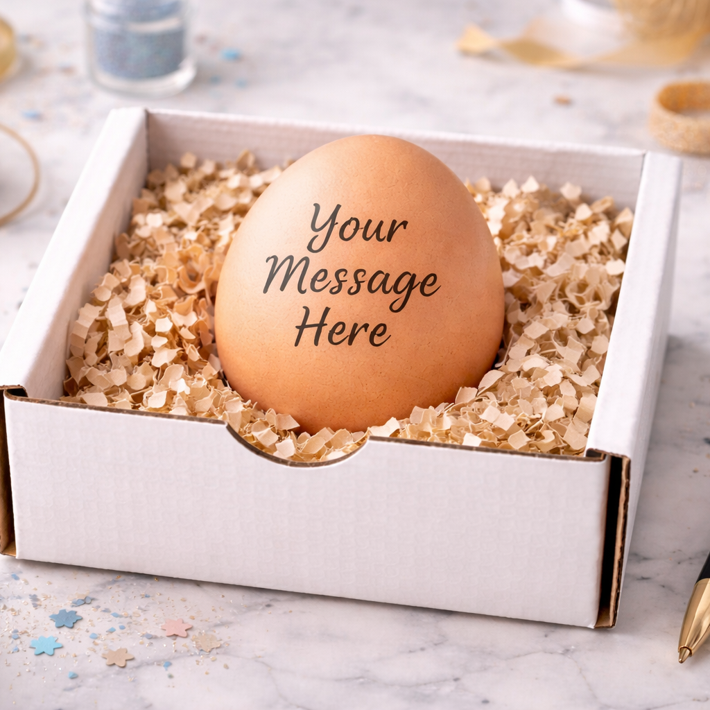 Decorative egg with 'Your Message Here' text in a box on a festive background