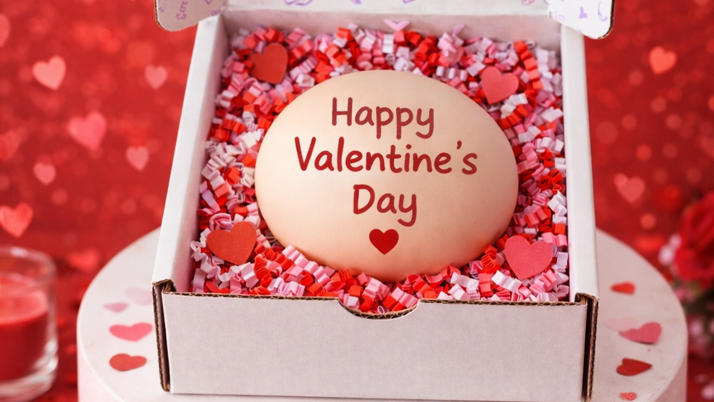 Valentine's Day card with 'Happy Valentine's Day' text on a red heart-themed background.