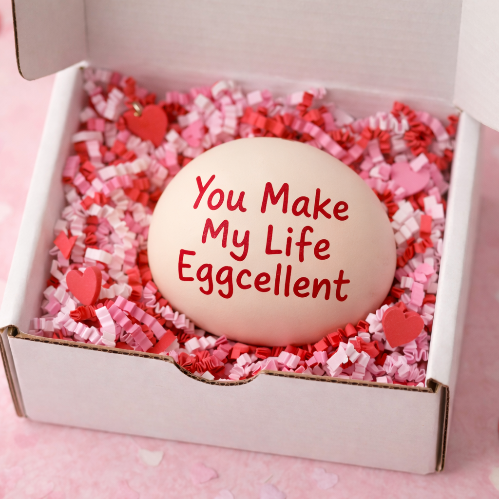 Easter egg with 'You Make My Life Eggcellent' text in a box with pink confetti on a heart-themed background