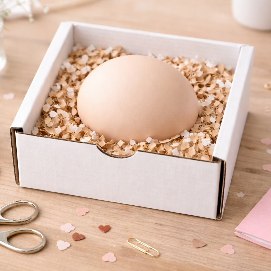 Egg in a white box on a wooden surface with stationery items.