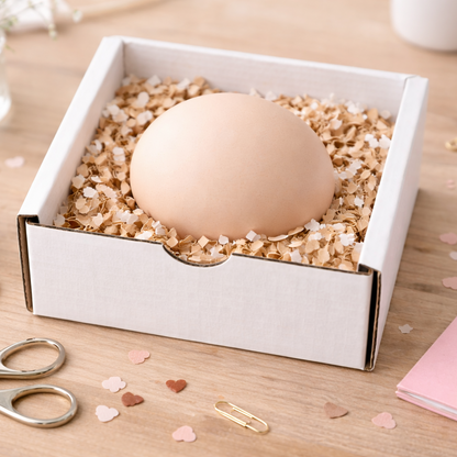 Egg in a white box on a wooden surface with stationery items.