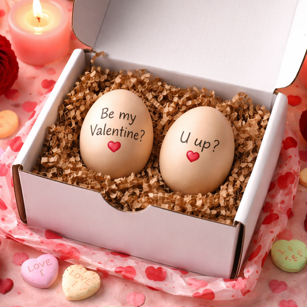 Two eggs in a box with 'Be my Valentine?' and 'U up?' text, surrounded by roses and candy on a pink background.