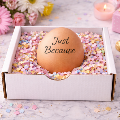 Decorative egg with 'Just Because' text in a box with confetti, surrounded by flowers and a gift.